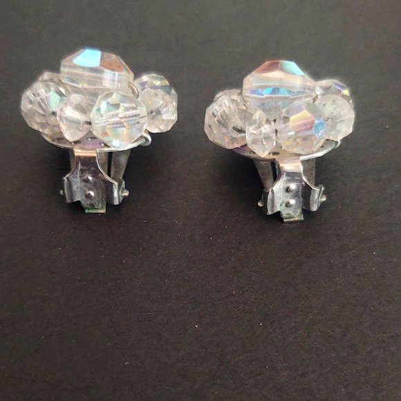 Vintage crystal and aurora borealis clip on earrings - Picture 4 of 7